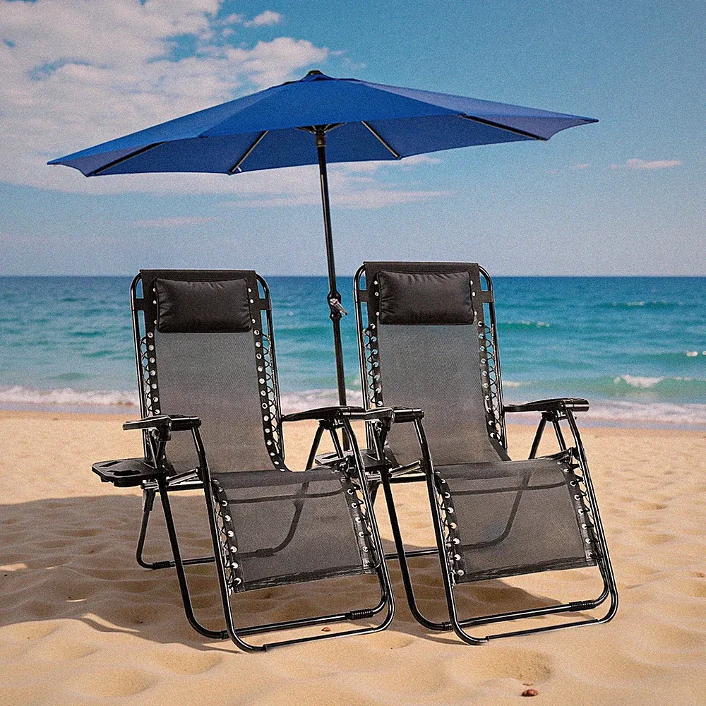 2 PC Portable Recliner Patio Outdoor Lounge Chair w Cup Holder Adjustable Pillow