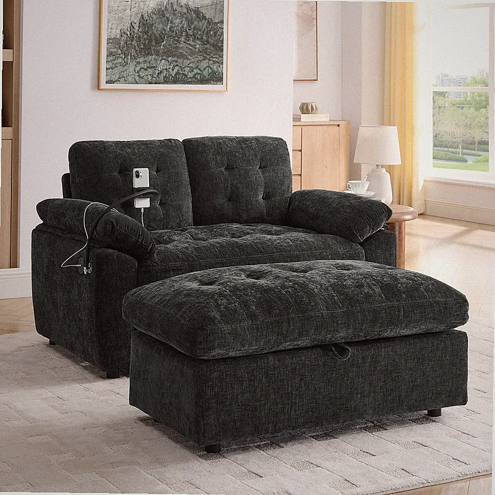 Chaise Lounge Chair Indoor Leisure Sofa Chenille Fabric Loveseat Recliner Black