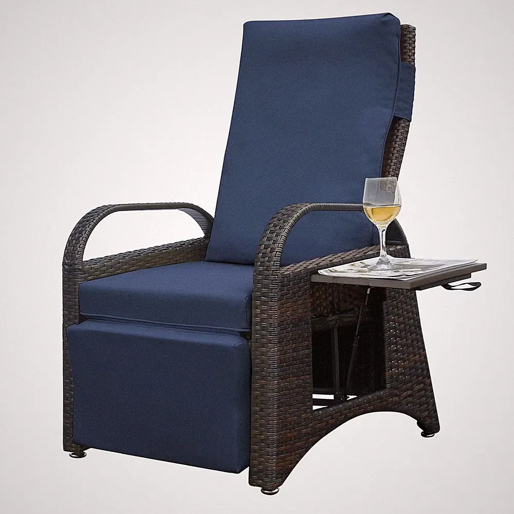 Outdoor Adjustable Wicker Recliner with Flip Table